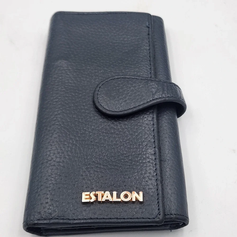 Estalon Pebbled‎ Leather RFID Long Wallet Trifold Snap Closure - Navy Blue